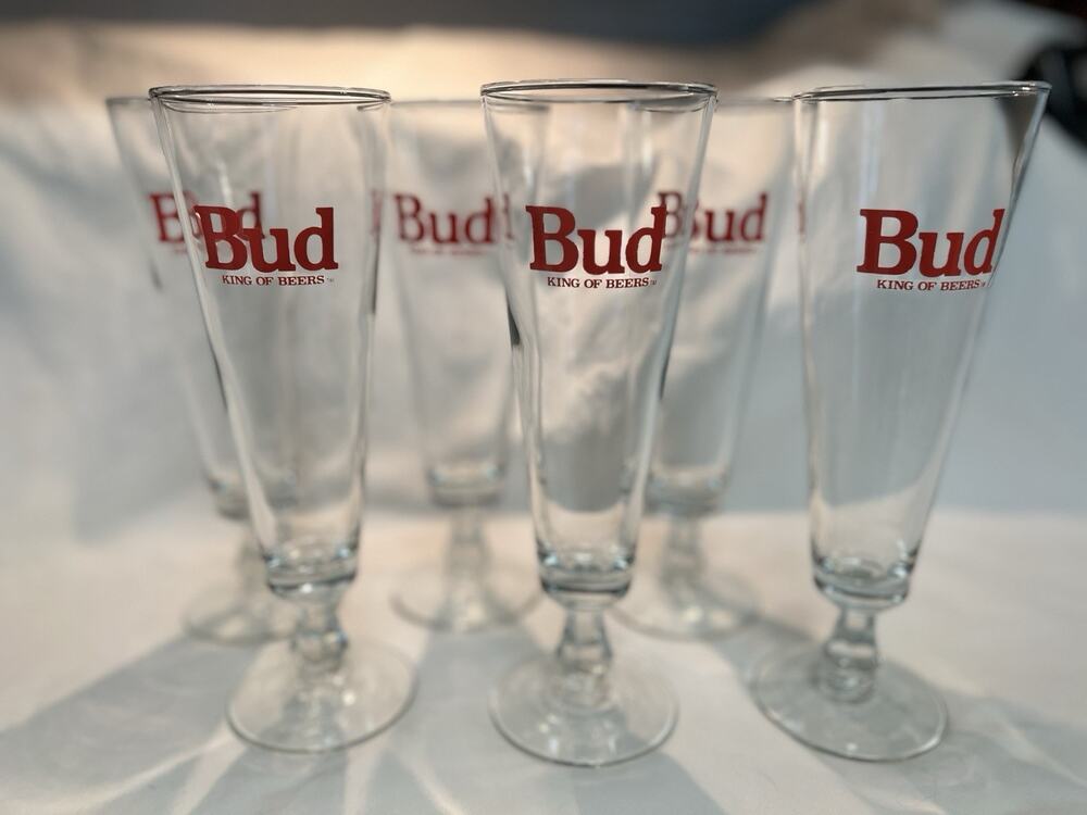 Budweiser Bud King of Beers Stemmed footed Pilsner Beer Glasses Set of 6
